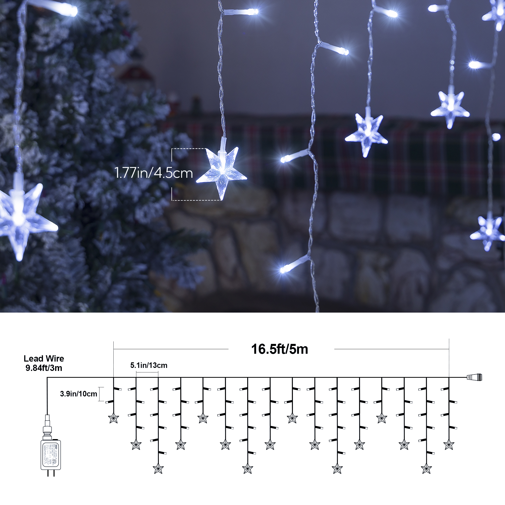 Luces de carámbano de estrella centelleante de Navidad