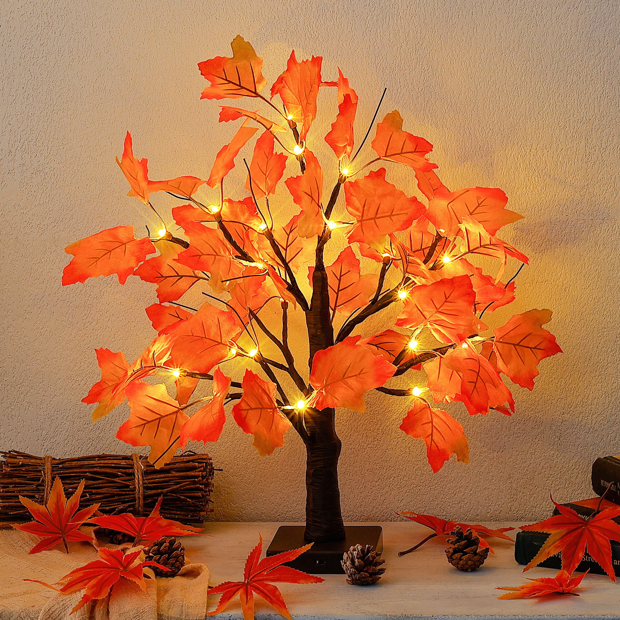 Luces del árbol de hojas de arce de acción de gracias