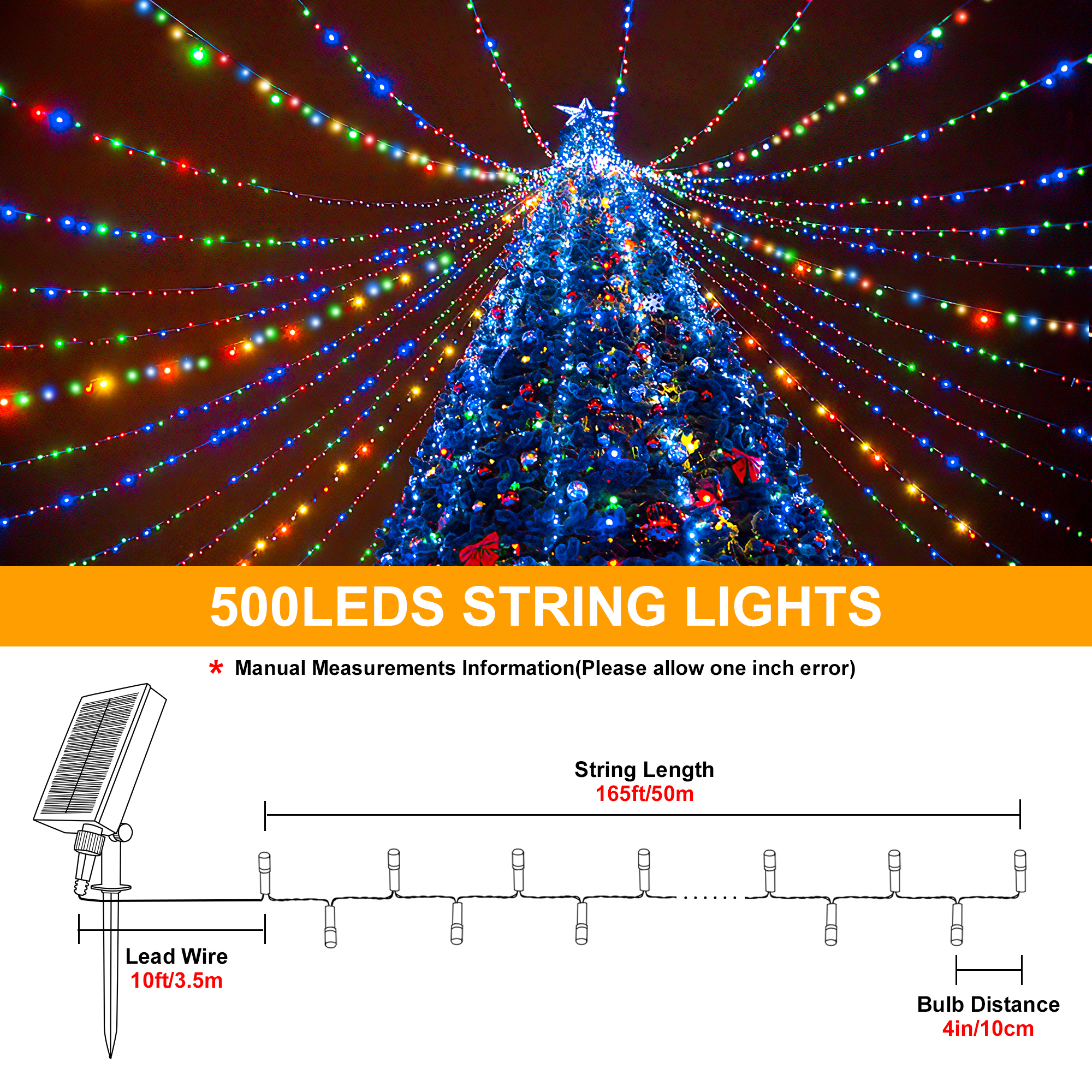 Luces de cadena solares de 500 LED de 165 pies