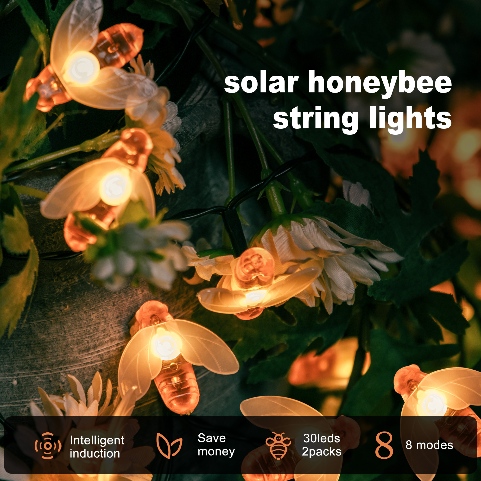 Luces de cadena de abeja solares impermeables 30LED