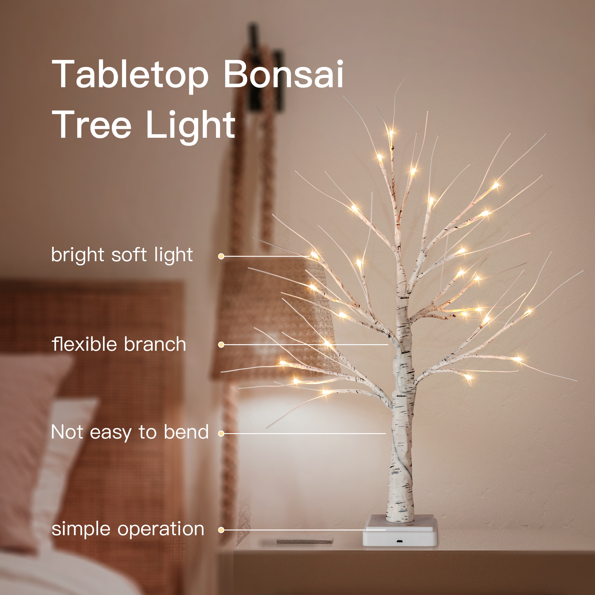 Luz de árbol de abedul de 48 LED de 2 pies con temporizador