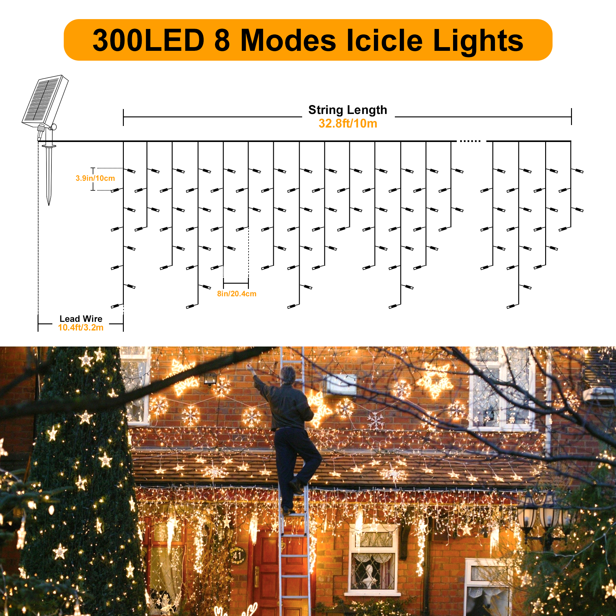 Decoración de aleros de la casa con luces de carámbano navideño