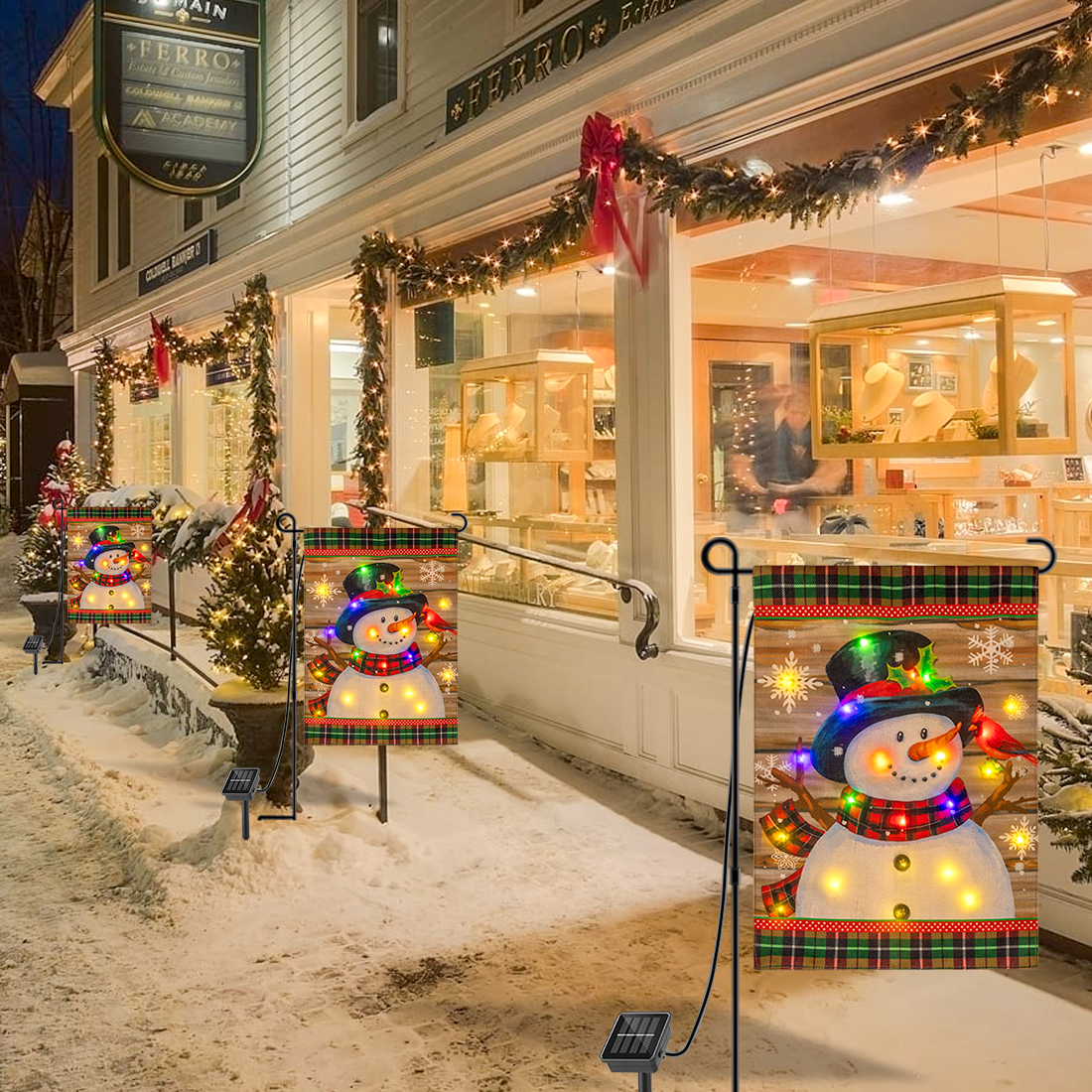 Bandera LED navideña para jardín con muñeco de nieve