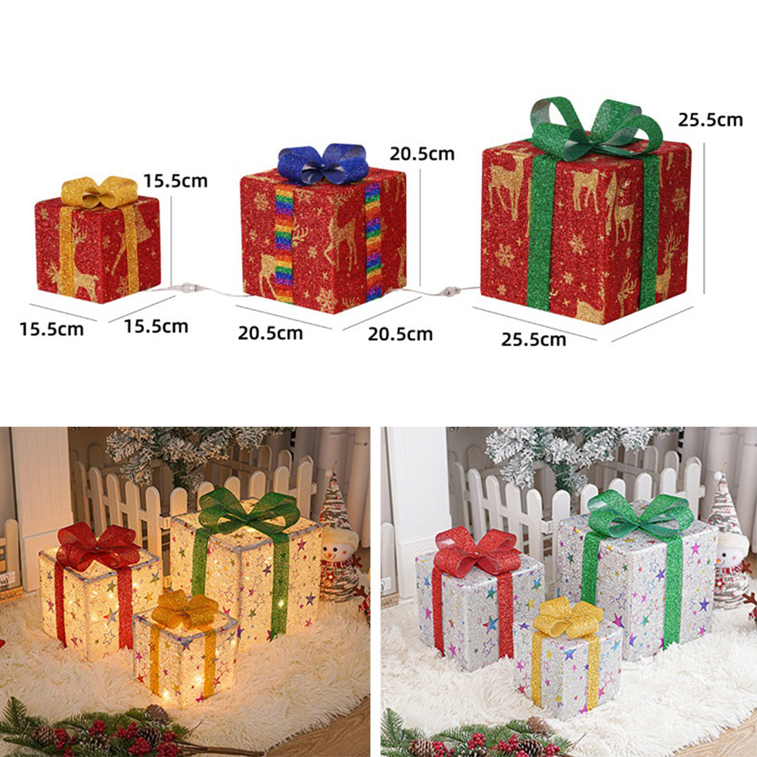 Paquete de 3 cajas de regalo con decoraciones navideñas, imagen de tamaño