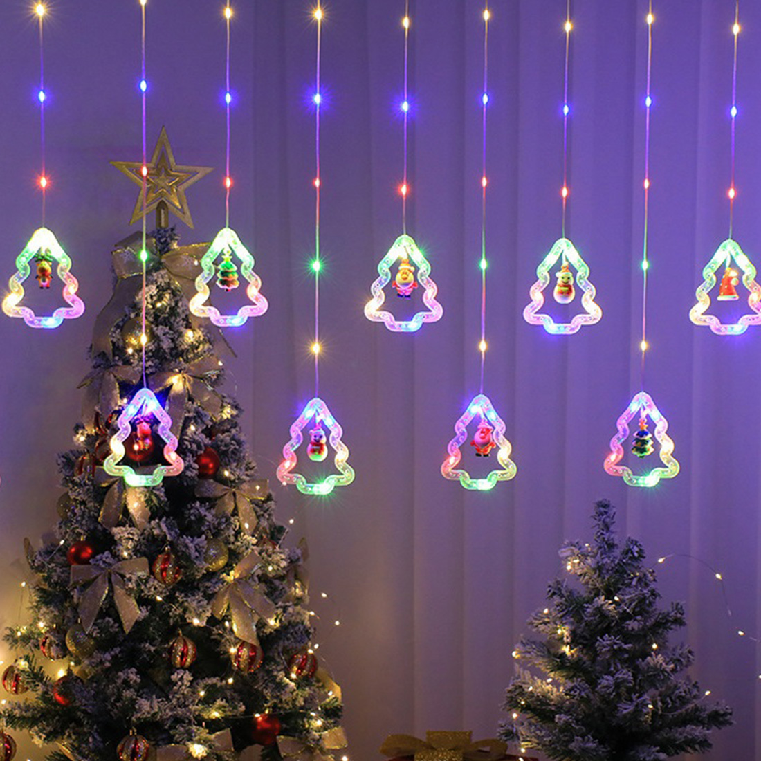 Imagen de escena de luces navideñas de carámbano de ventana de Papá Noel estrella