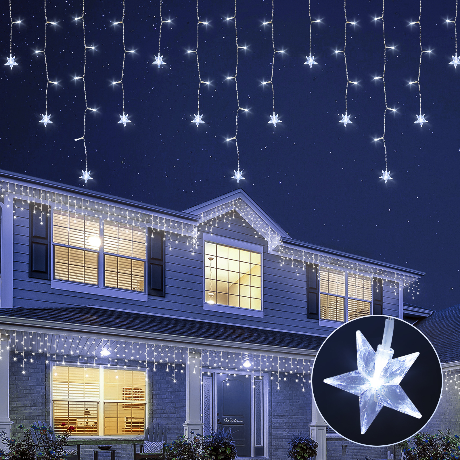 Luces de carámbano de estrella de alambre blanco 200LED