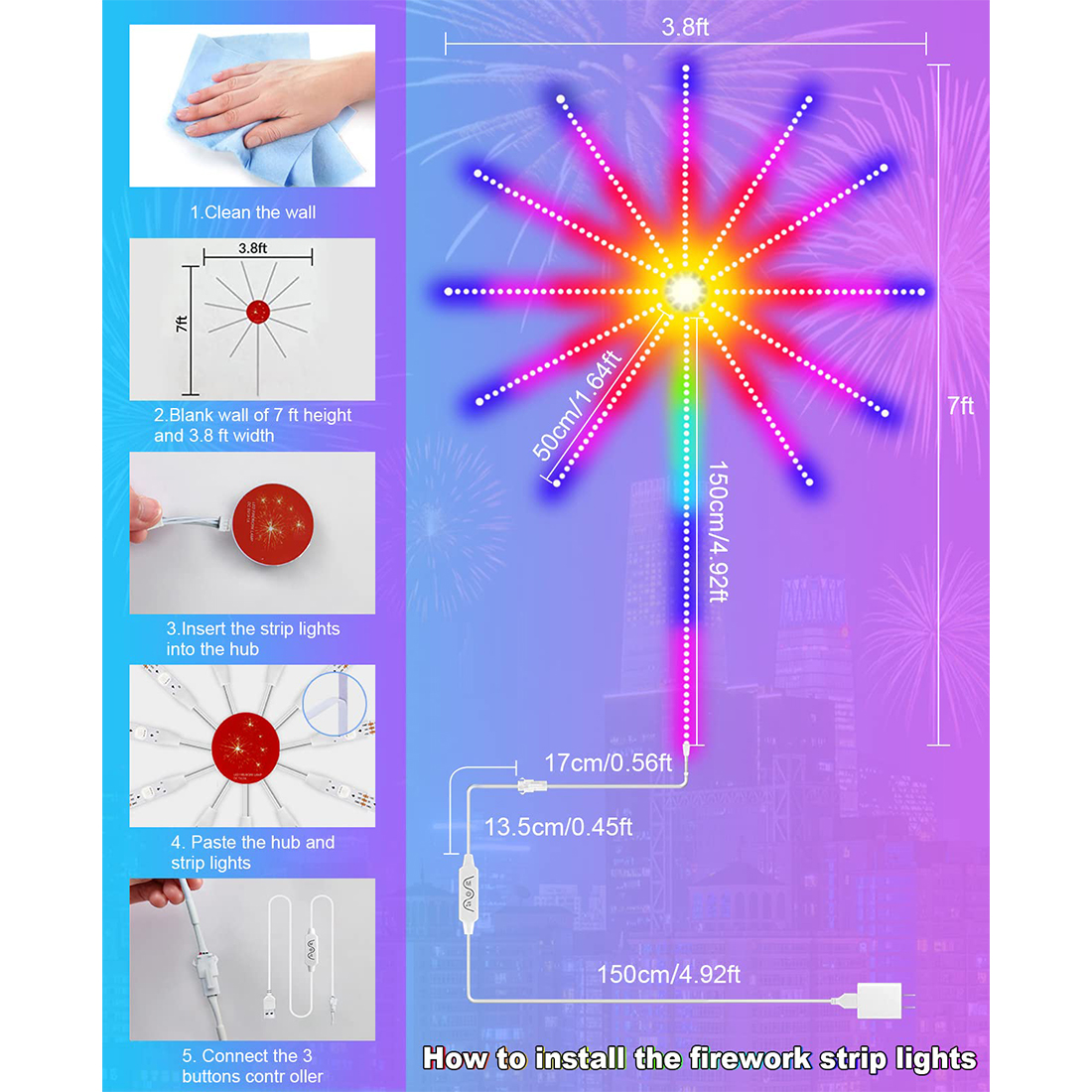 Introducción del tamaño de las luces de tira de fuegos artificiales LED inteligentes RGB