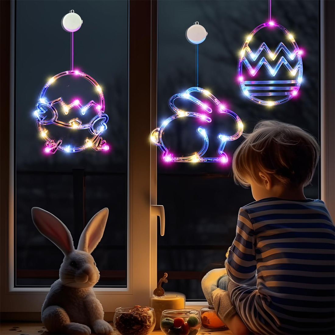 Imagen de escena de luces de ventana colgantes LED de Pascua multicolor