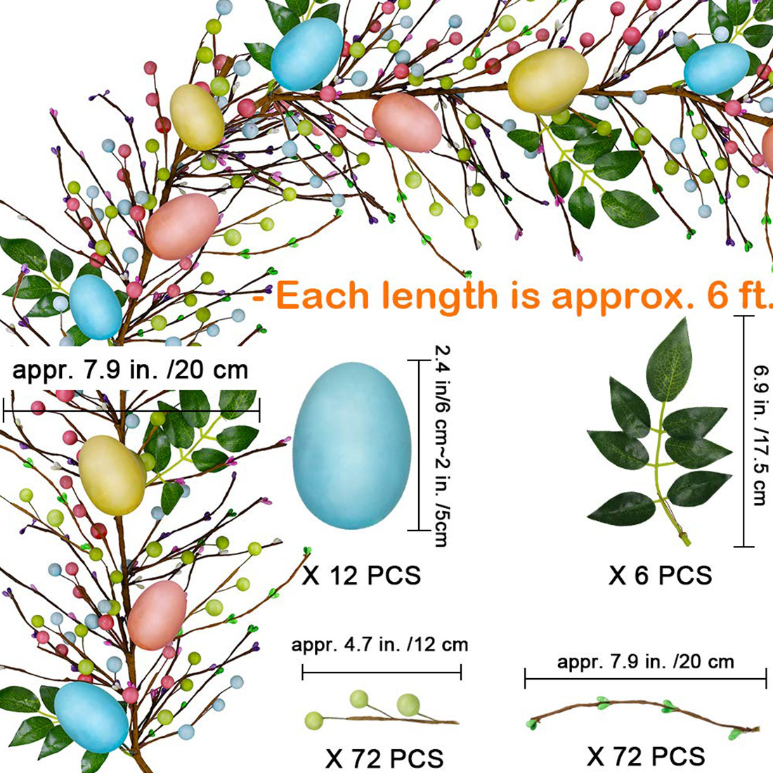 Imagen de tamaño de cuerda de vid de huevo de Pascua artificial de 6 pies