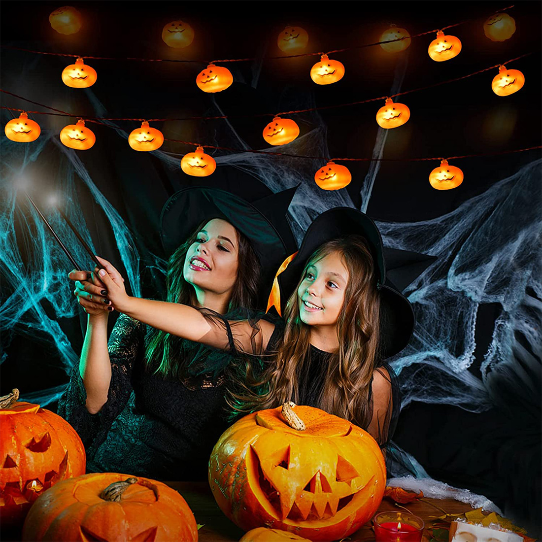 Imagen de escena de luces de cadena de linterna de calabaza de decoración de Halloween