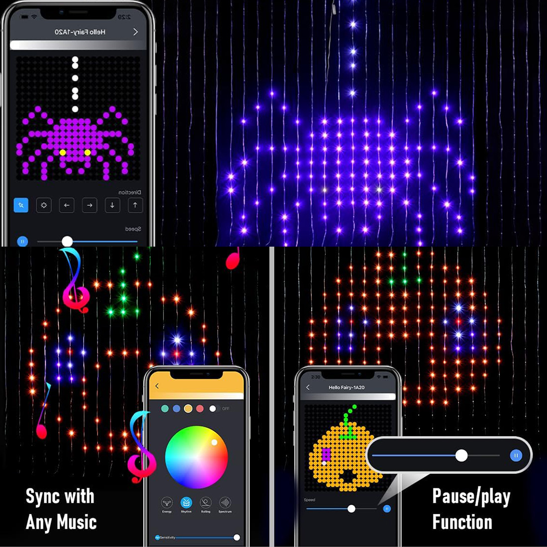 Las luces de cortina de la aplicación Bluetooth inteligente muestran la imagen