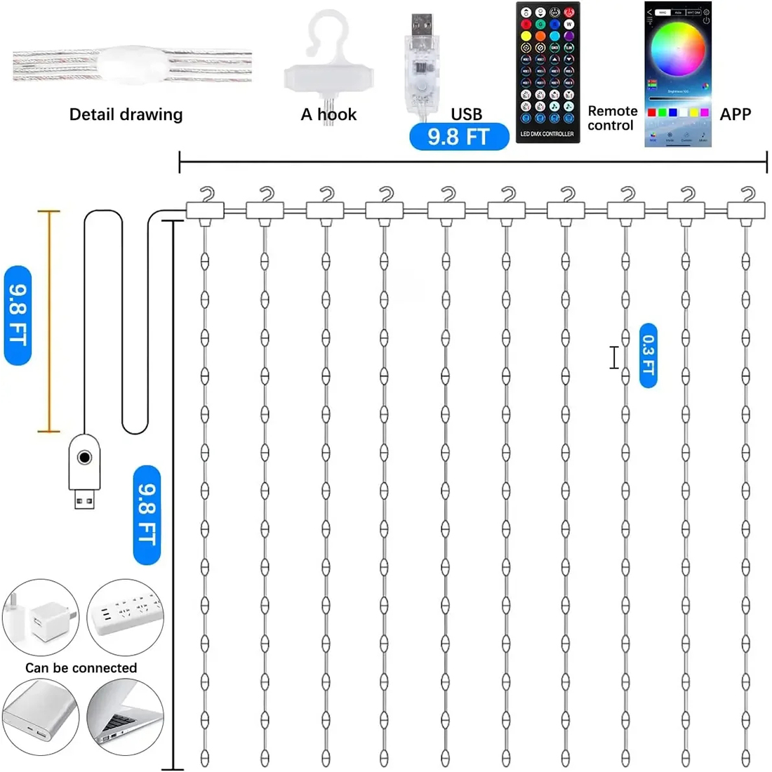 Luces de cortina LED RGB inteligentes Tamaño Mostrar imagen