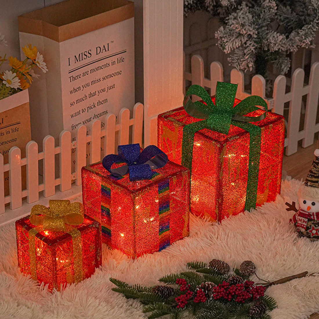 Paquete de 3 cajas de regalo con decoraciones navideñas