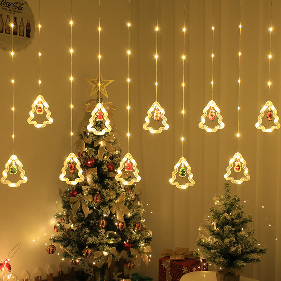 Imagen de escena de luces navideñas de carámbano de ventana de Papá Noel estrella