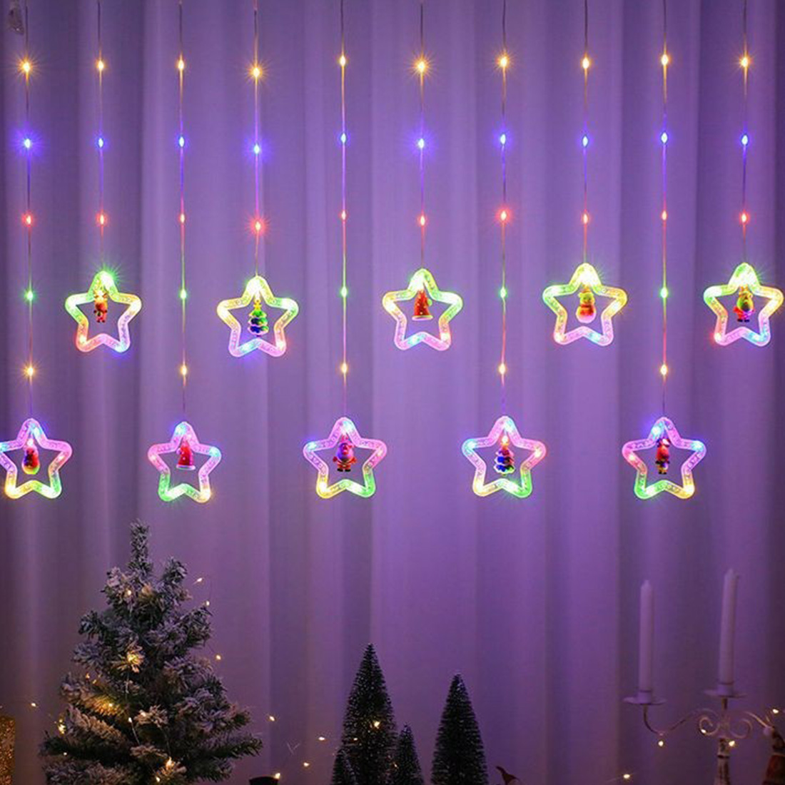 Imagen de escena de luces navideñas de carámbano de ventana de Papá Noel estrella