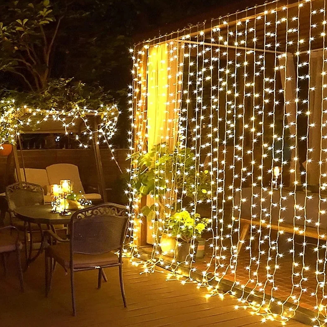 Imagen de escena de luces de cadena centelleantes de decoración de boda