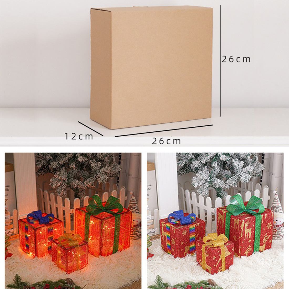 Paquete de 3 cajas de regalo con decoraciones navideñas Imagen del tamaño del paquete