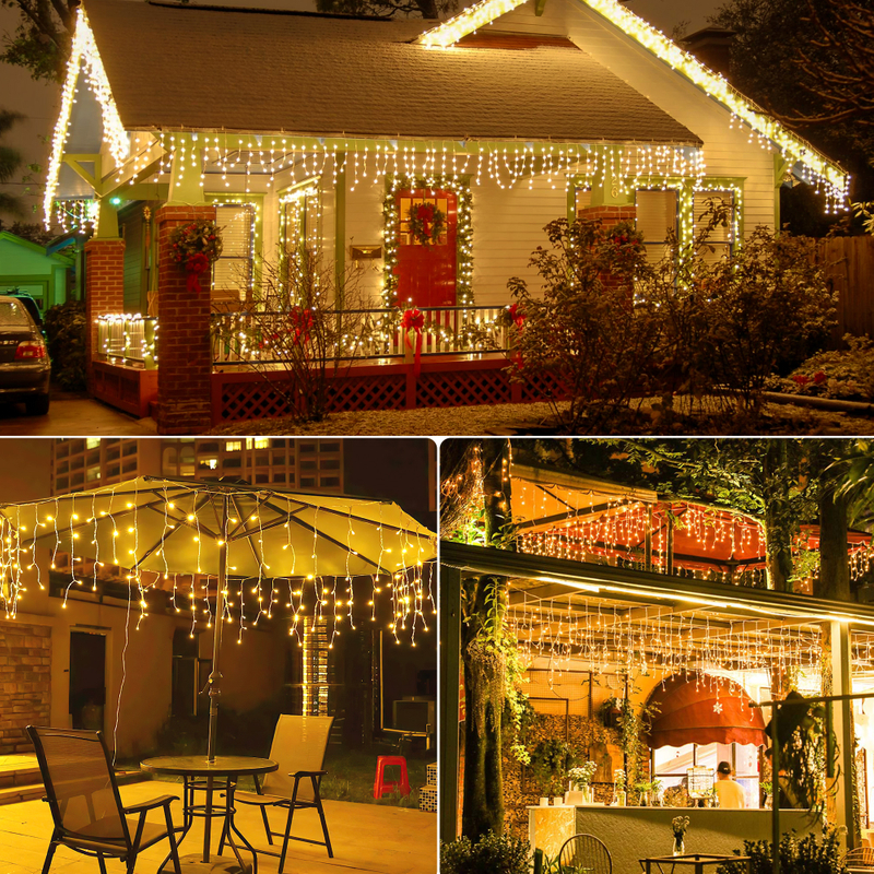 Decoración de aleros de la casa con luces de carámbano navideño