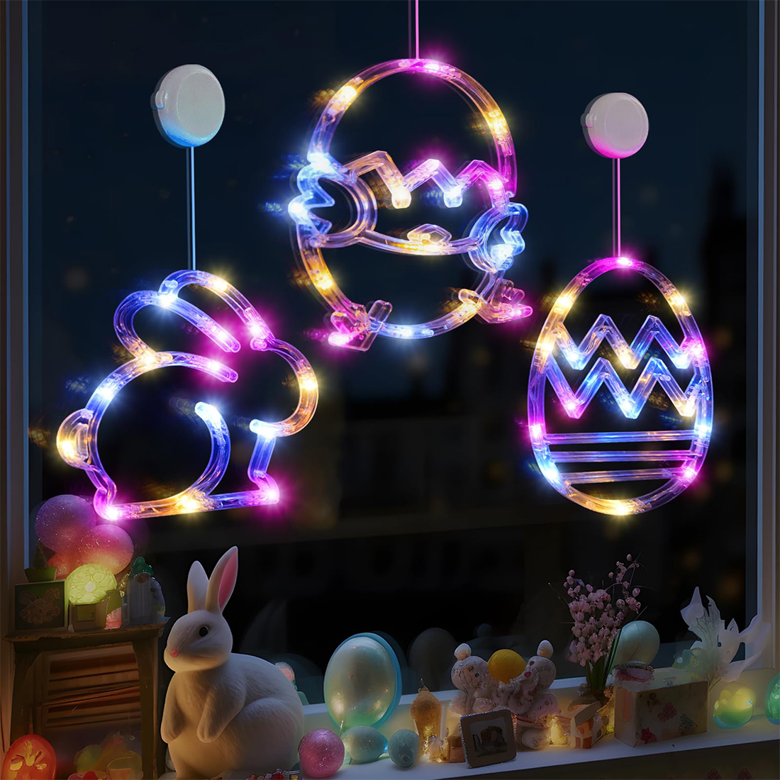 Imagen de luces LED de ventana colgantes de Pascua multicolor