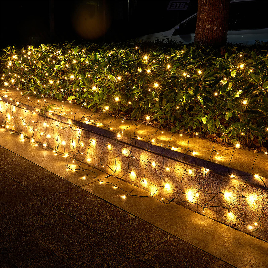 Imagen de escena de luces de red navideña LED al aire libre