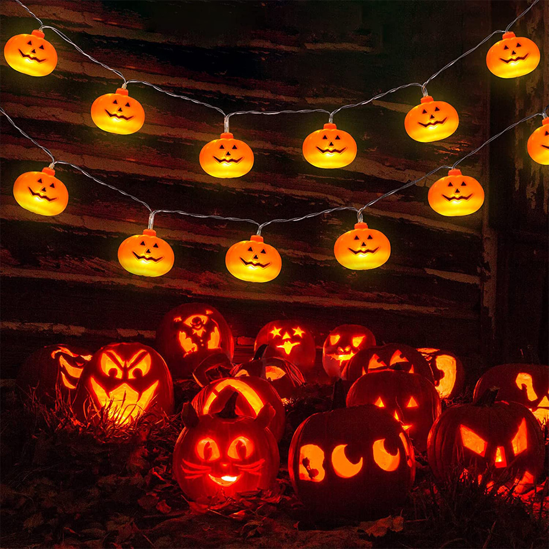 Imagen de escena de luces de cadena de linterna de calabaza de decoración de Halloween