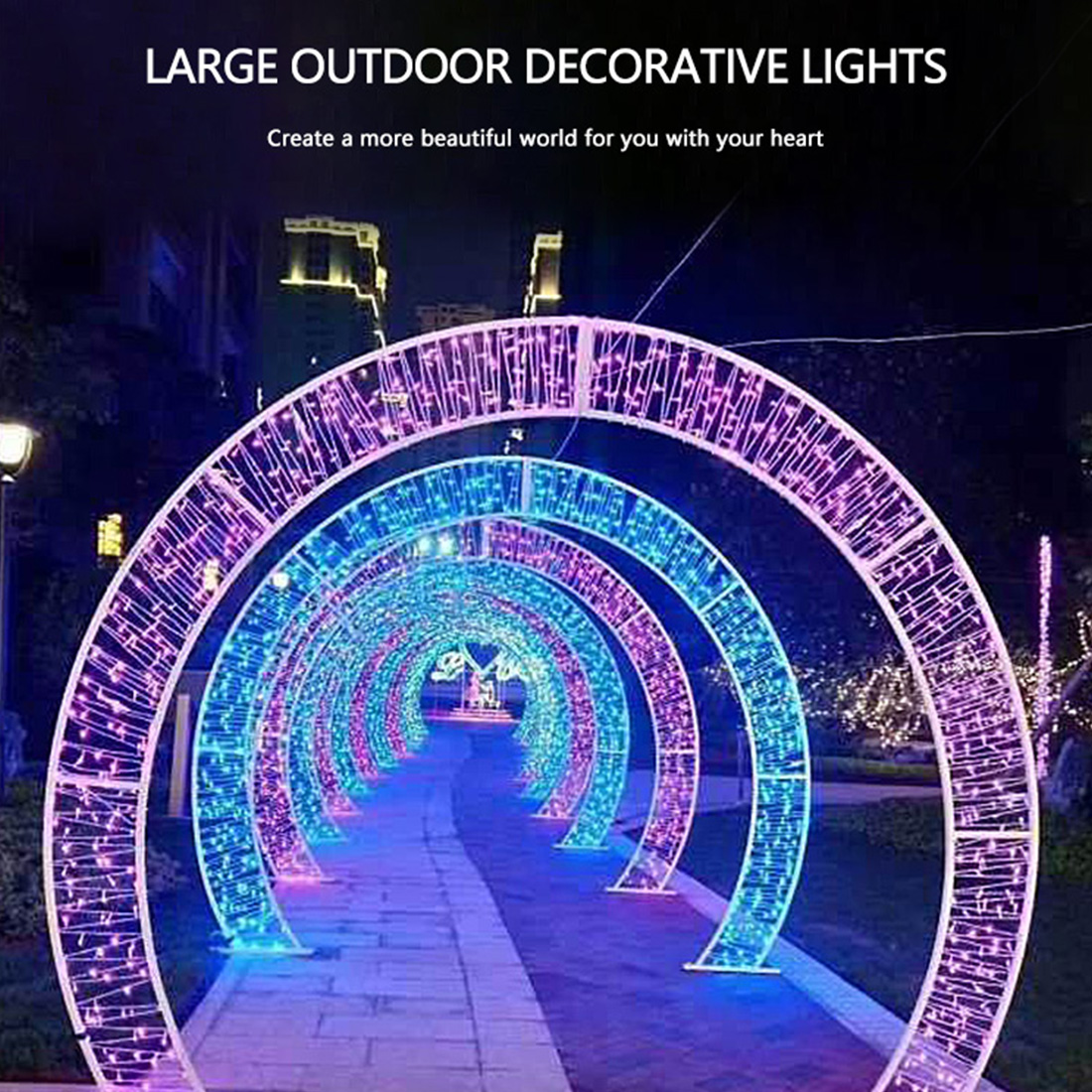 Imagen de presentación de luces de arco en forma de corazón navideñas al aire libre