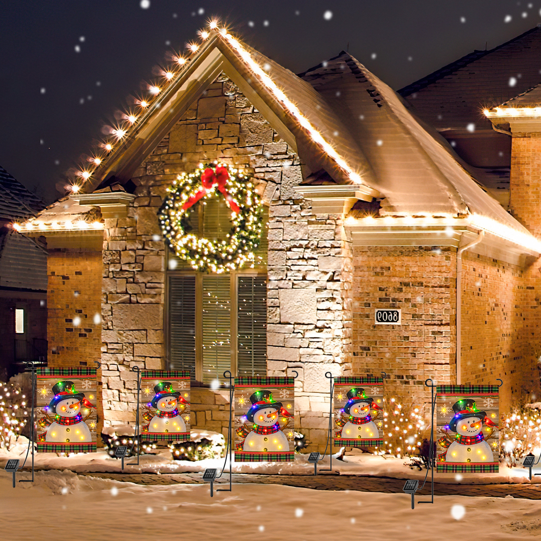 Bandera LED navideña para jardín con muñeco de nieve