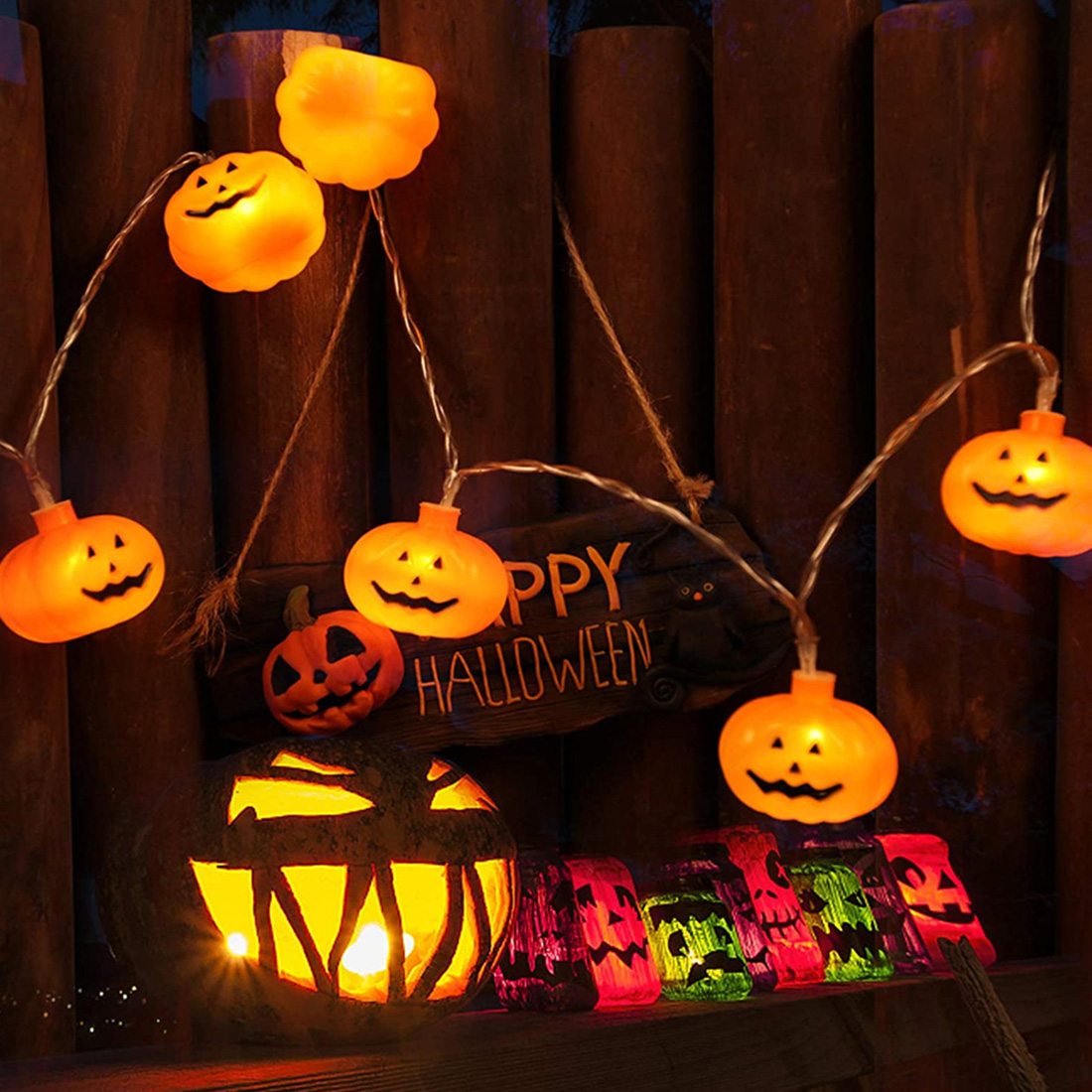 Imagen de escena de luces de cadena de linterna de calabaza de decoración de Halloween