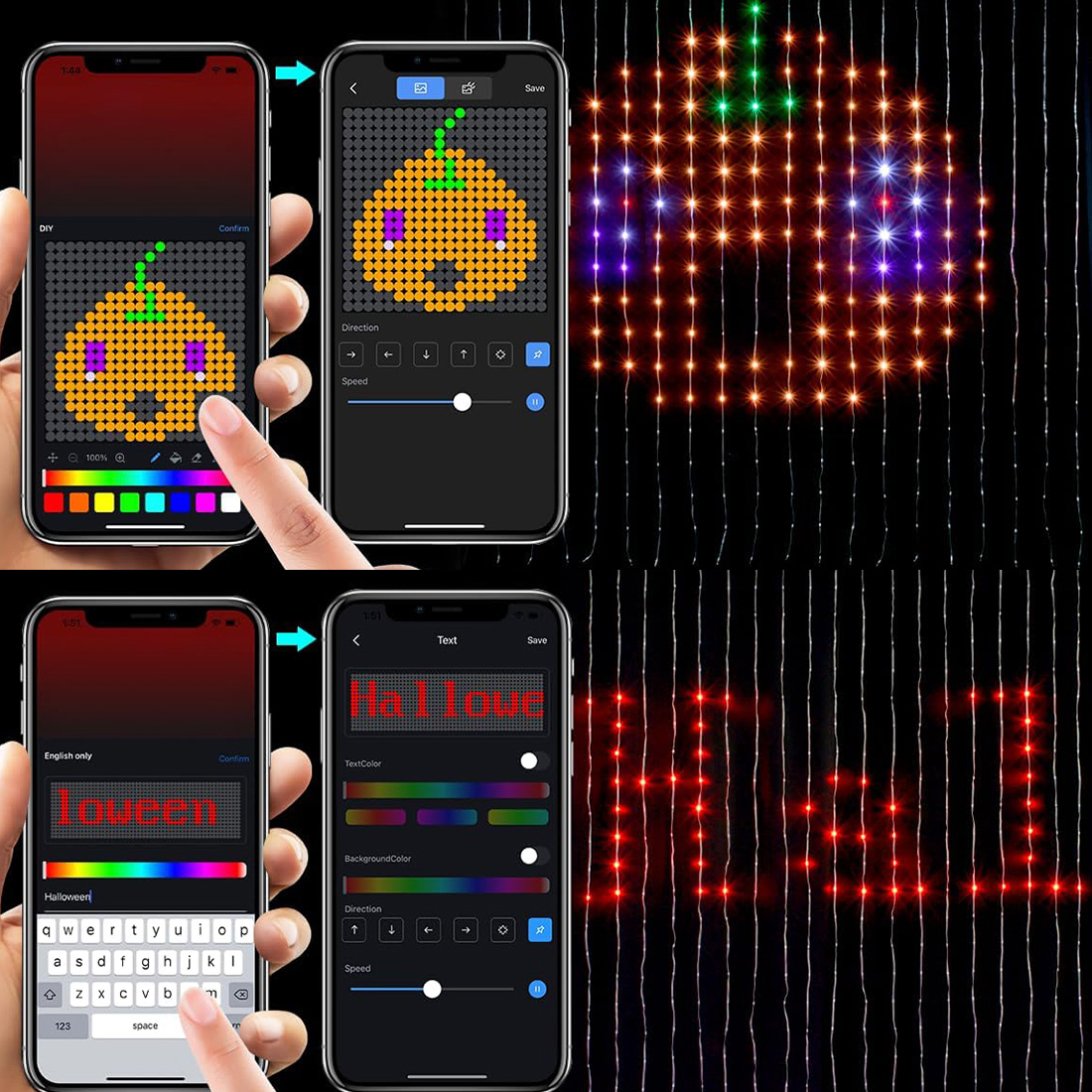 Las luces de cortina de la aplicación Bluetooth inteligente muestran la imagen