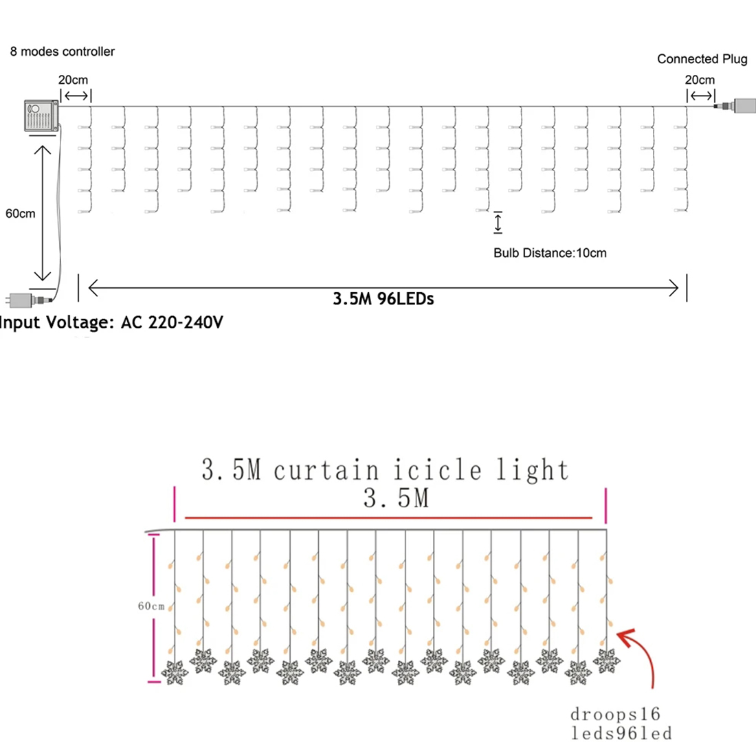 Imagen del tamaño de la secuencia de luces de hadas del copo de nieve LED de 4M 