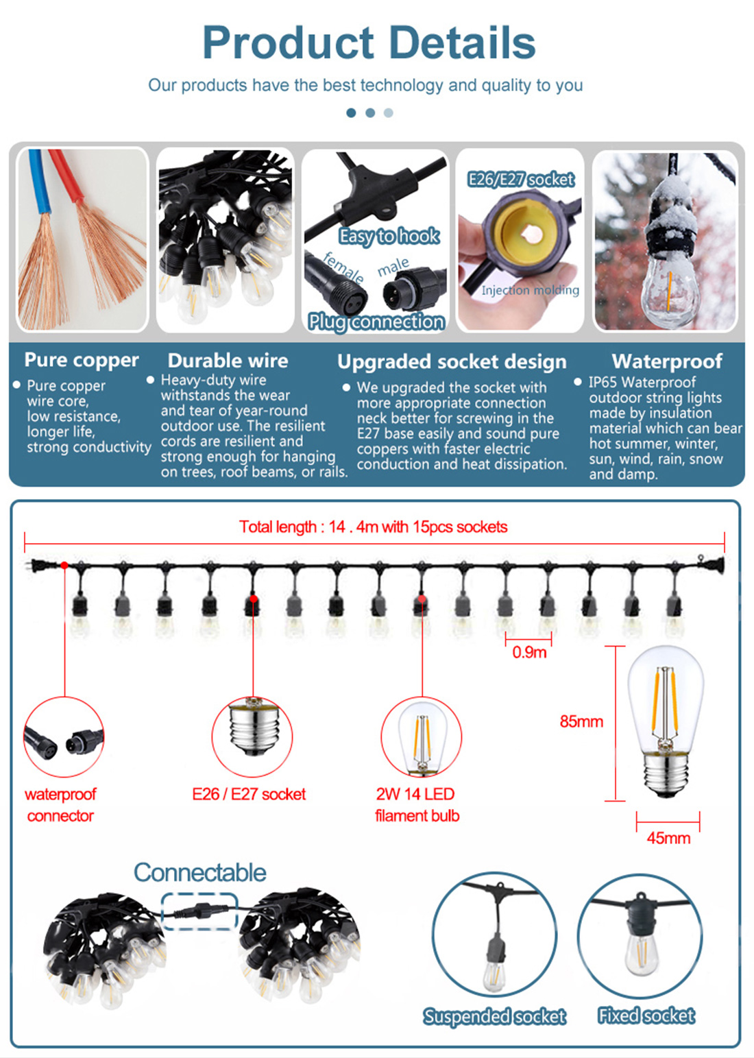  Imagen de visualización del tamaño de la bombilla Edison Led Globe Ball S14